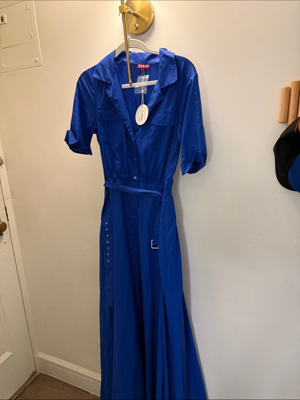 STAUD Royal Blue Belted Maxi Shirt Dress